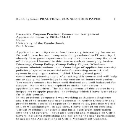 Running head PRACTICAL CONNECTIONS PAPER 1Executive P.docx
