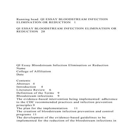 Running head QI ESSAY BLOODSTREAM INFECTION ELIMINATION OR REDUCT.docx