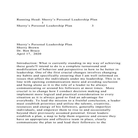 Running Head Sherry’s Personal Leadership Plan1Sherry’s P.docx