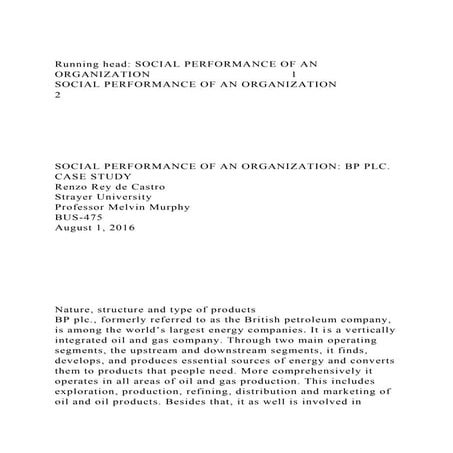 Running head SOCIAL PERFORMANCE OF AN ORGANIZATION               .docx