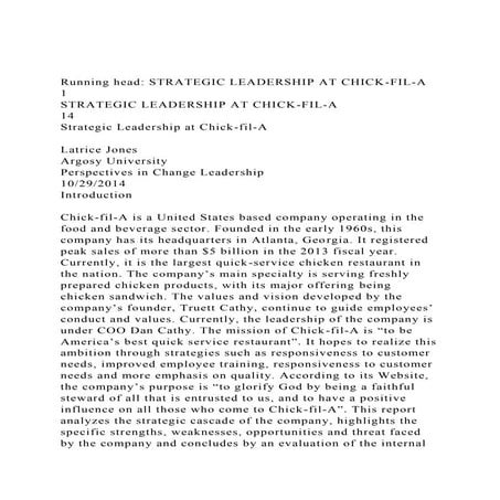 Running head STRATEGIC LEADERSHIP AT CHICK-FIL-A               .docx