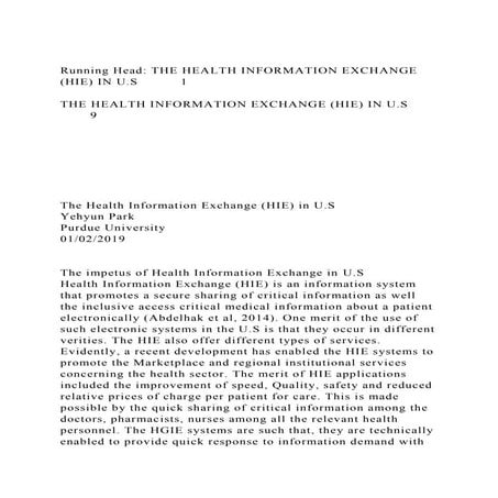 Running Head THE HEALTH INFORMATION EXCHANGE (HIE) IN U.S 1.docx