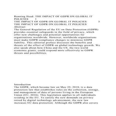 Running Head THE IMPACT OF GDPR ON GLOBAL IT POLICIES1THE IMPA.docx
