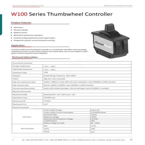 RunnTech W100 Series Self-centering Hall Effect Proportional Thumbwheel Contr...