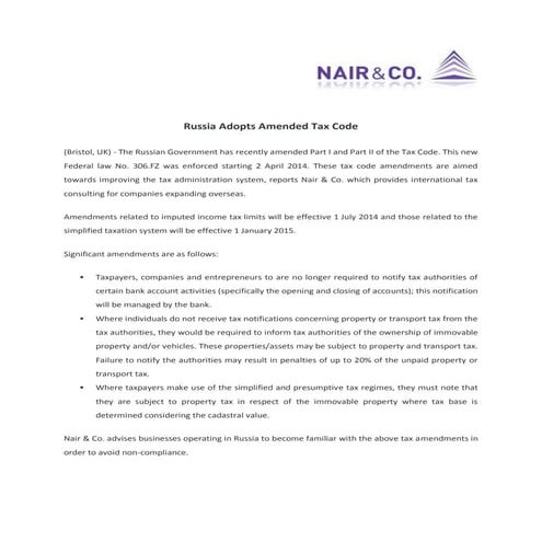 Russia Adopts Amended Tax Code