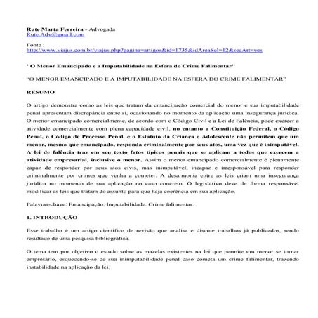 Rute Marta Ferreira - O menor emancipado e o direito penal | DOCX