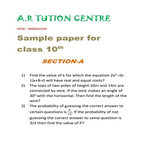 Sample sample paper of class 10th sa2
