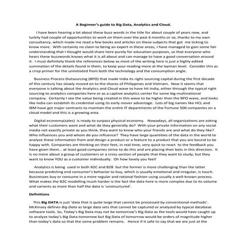 A Primer for a layman  about Big Data, Business Analytics and Cloud