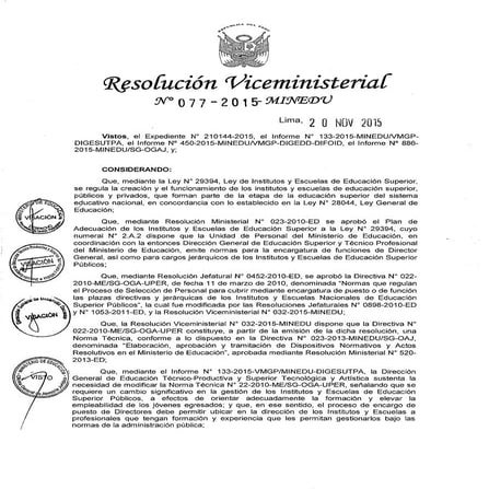 Rvm n° 077 2015-minedu modifican norma técnica n° 022-2010-mesg-oga-uper norm...