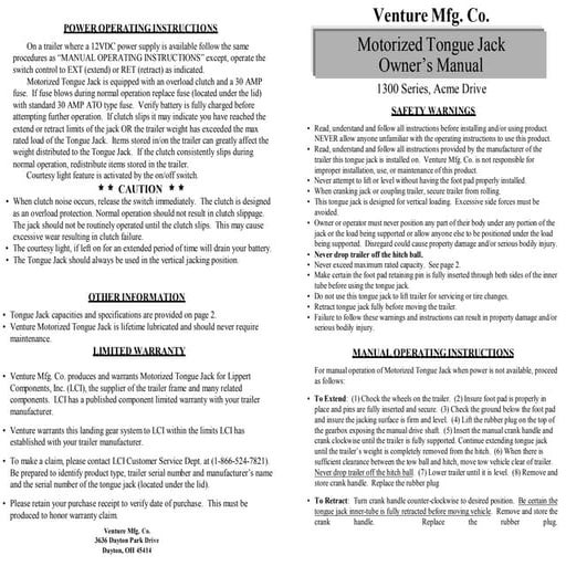 Motorized Tongue Jack  Owners Manual