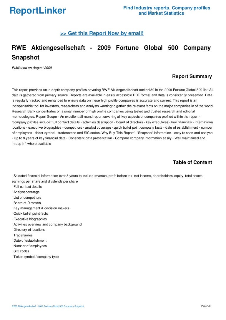 Rwe Aktiengesellschaft 09 Fortune Global 500 Company Snapshot