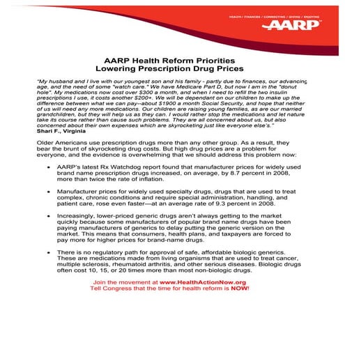 Rx AARP Health Care Reform Priorities Lowering Prescription Drug Prices Fact ...