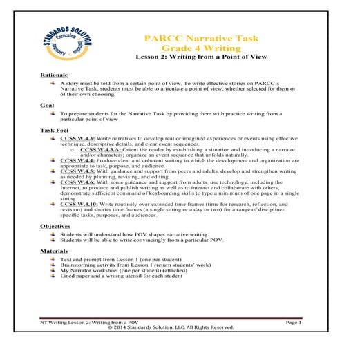 PARCC sample lesson plans Grade 4 Writing