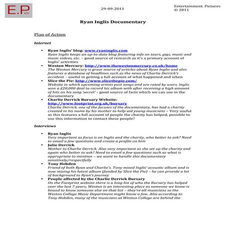 Ryan Inglis documentary plan of action