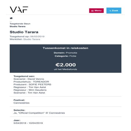 Studio Tarara krijgt 2.000 euro voor trip naar Cannes | PDF