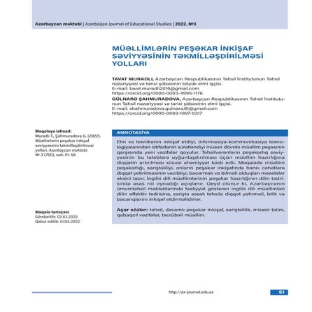 MÜƏLLİMLƏRİN PEŞƏKAR İNKİŞAF SƏVİYYƏSİNİN TƏKMİLLƏŞDİRİLMƏSİ YOLLARI / WAYS T...