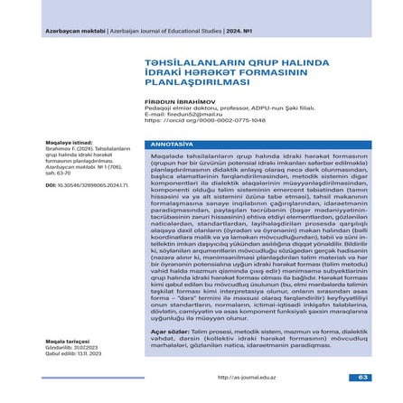 TƏHSİLALANLARIN QRUP HALINDA İDRAKİ HƏRƏKƏT FORMASININ PLANLAŞDIRILMASI / PLA...