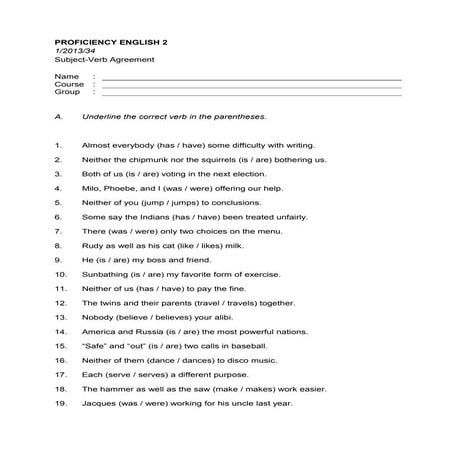 Subject-Verb Agreement - Proficiency English 2 | DOC