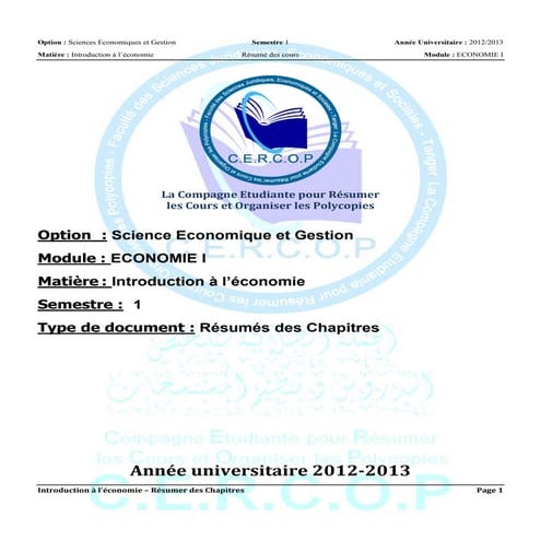 S1   eco i - introduction à léconomie - résumé des chapitres