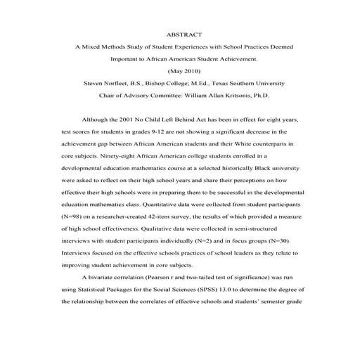Steven Norfleet, Dissertation Abstract, Dr. Wm. A. Kritsonis, Dissertation Chair