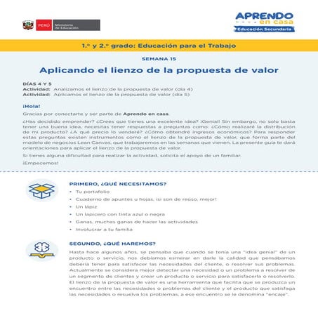 APRENDO EN CASA: APLICAMOS EL LIENZO DE PROPUESTA DE VALOR | PDF