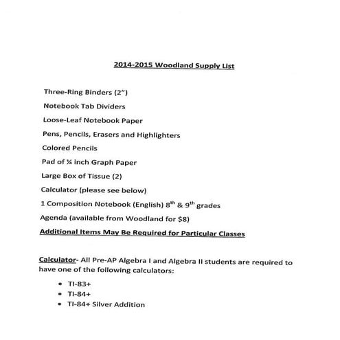 2014-2015 Woodland Supply List