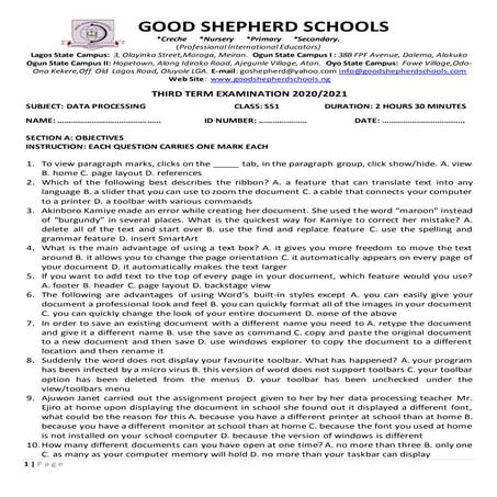 SS1 Data Processing Examination with Test of Practical  (Third Term)