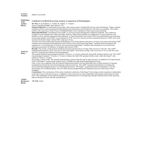 Evaluation of Processing Technologies for Umbilical Cord Blood | PDF