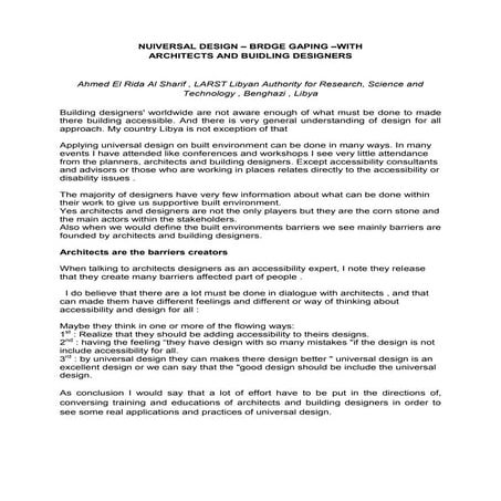 UNIVERSAL DESIGN – BRDGE GAPING –WITH ARCHITECTS AND BUIDLING DESIGNERS