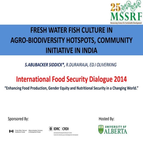 Nutrition and Health: Fresh Water Fish Culture in Agrobiodiversity Hotspots, ...