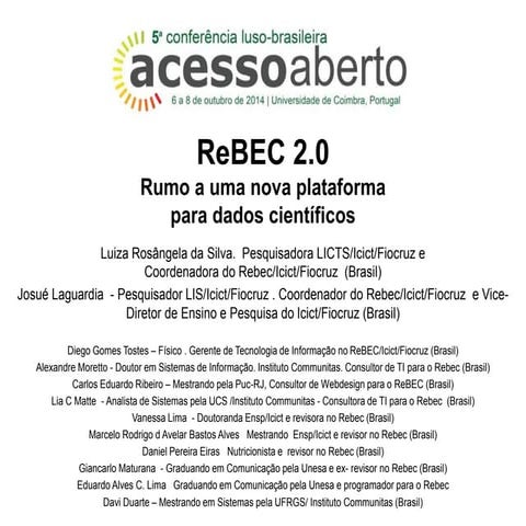 ReBEc 2.0 - rumo a uma nova plataforma para dados científicos