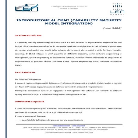 Introduzione al cmmi capability maturity model integration - Scheda corso LEN