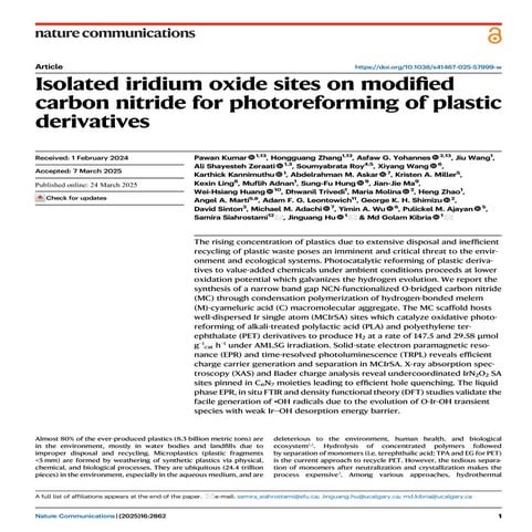 Isolated iridium oxide sites on modified carbon nitride for photoreforming of...
