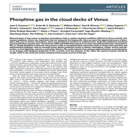 Phosphine gas in the cloud decks of Venus