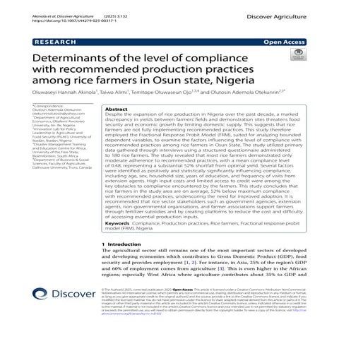 Determinants of the level of compliance with recommended production practices...