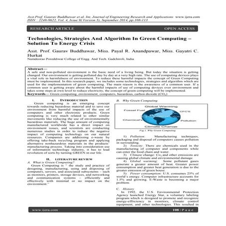 Technologies, Strategies And Algorithm In Green Computing – Solution To Energ...
