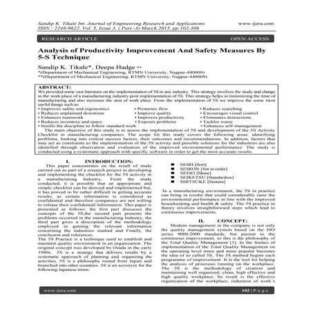 Analysis of Productivity Improvement And Safety Measures By 5-S Technique