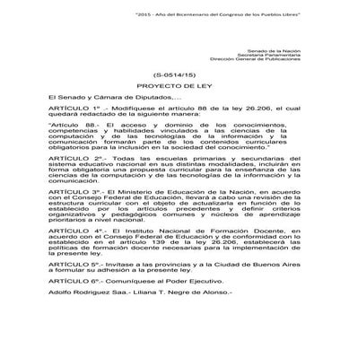Incorporación de Ciencias de la Computación en las escuelas - Proyecto de Ley - S514/15 