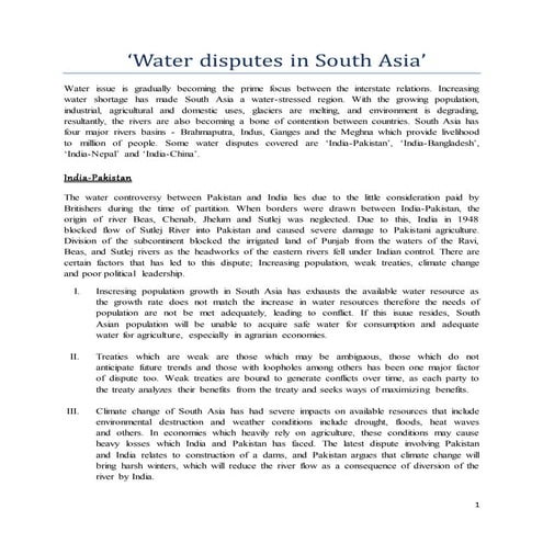 Water Disputes in South Asia.