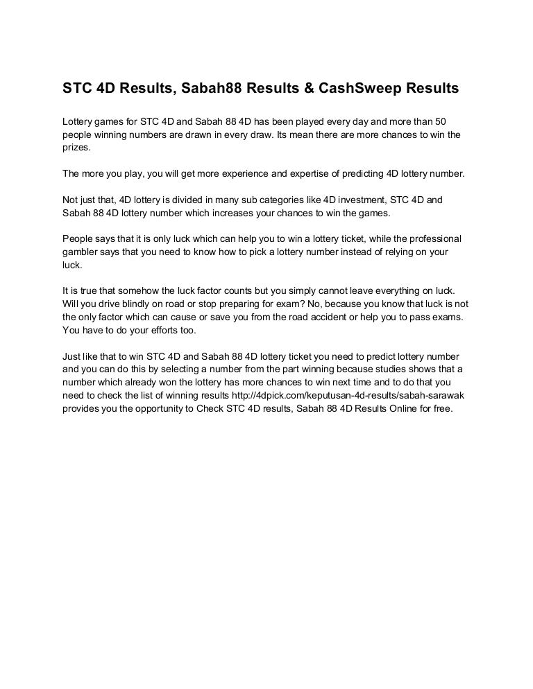 Sabah 88 Stc 4 D And Cashsweep 4d Results Keputusan 4d