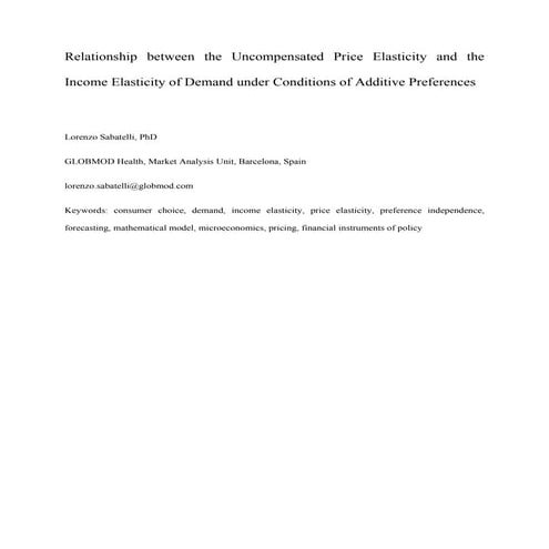 Sabatelli relationship between the uncompensated price elasticity and the inc...