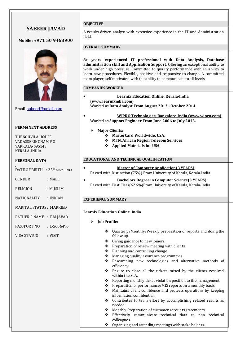 sabeer 8 yrs of experience it support engineer cv resume of it engineer