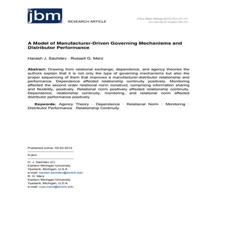 A Model of Manufacturer-Driven Governing Mechanisms and Distributor Performance