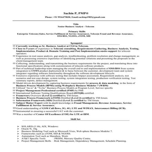 Sachin 5 Yrs Telecom Ba Pmp Resume