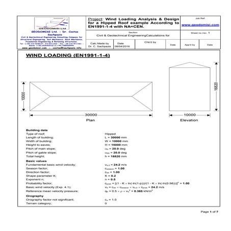 Sachpazis: Wind Loading Analysis & Design for a Hipped Roof Example According...