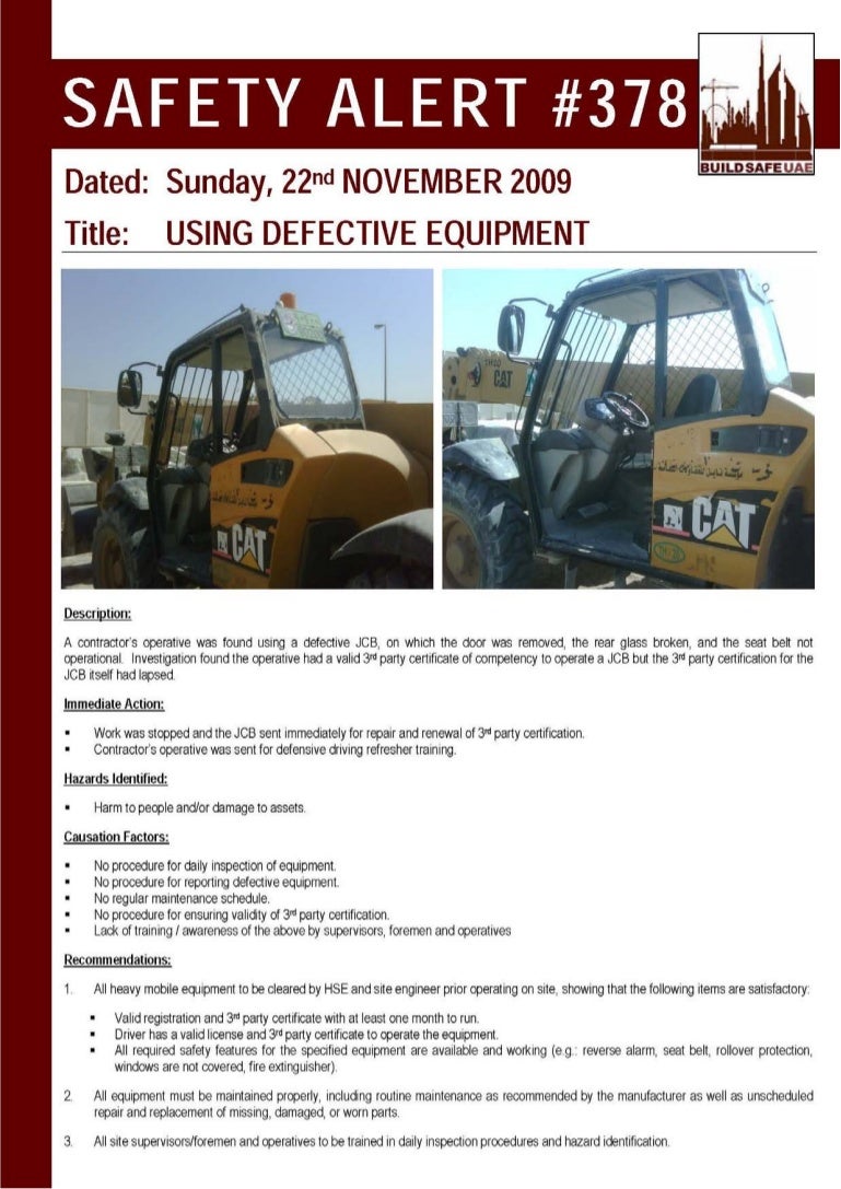 Safety Alert Using Defective Equipment