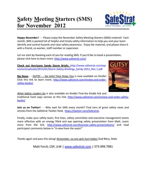 Safety Meeting Starters (SMS) Nov 2012