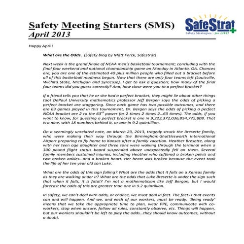 Safety Meeting Starters (SMS) April 2013