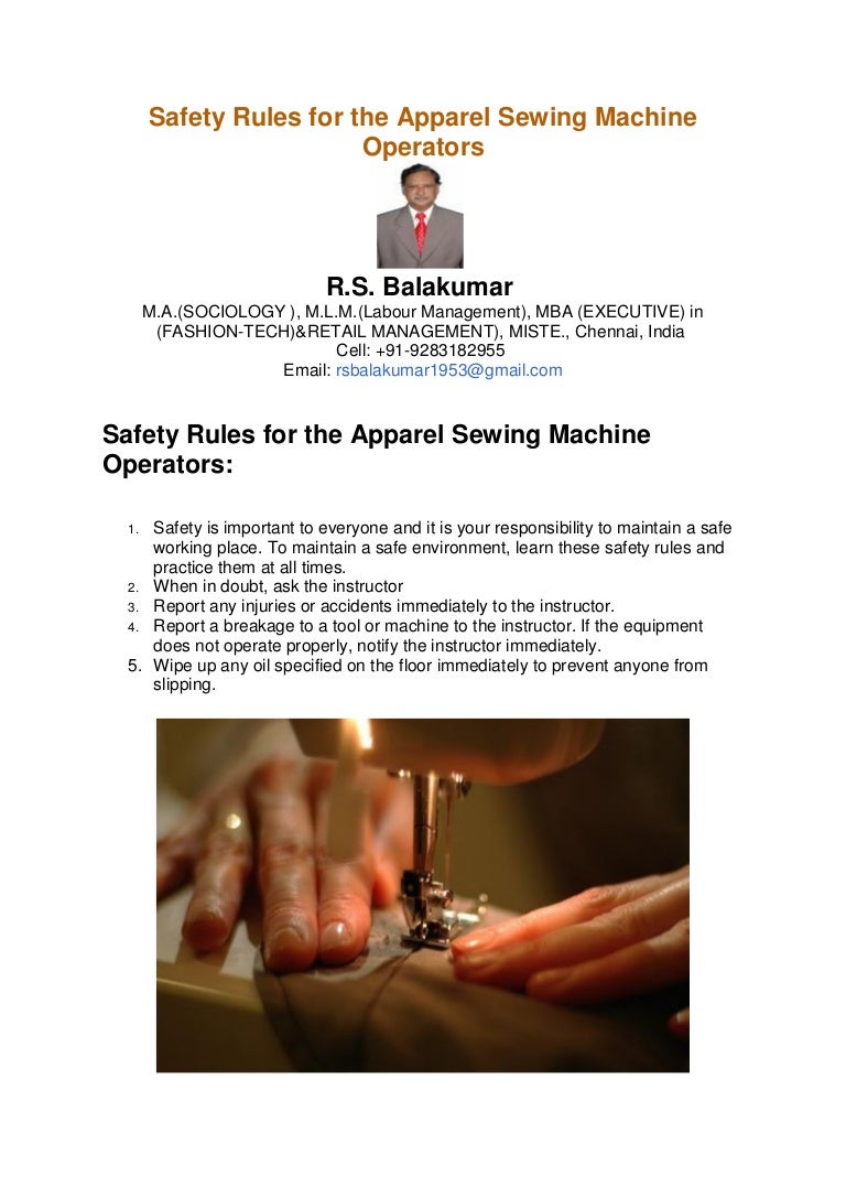 Safety rules for the apparel sewing machine operators