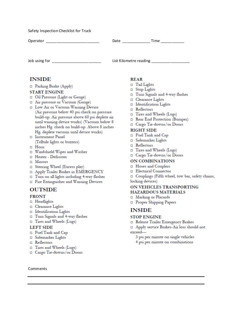 Safety Inspection Checklist for Truck